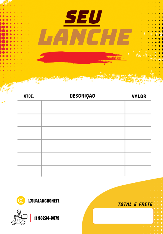Comanda para Lanchonete: Modelo Editável para Imprimir Comanda para Lanchonete: Modelo Editável para Imprimir