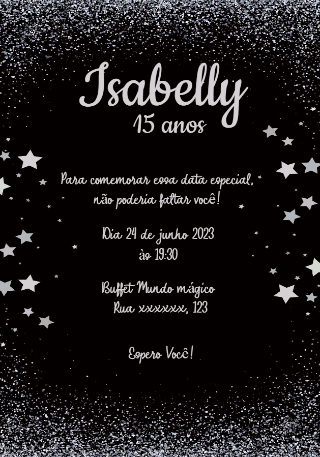 Convite 15 Anos Glitter Prata e Estrelas para Editar Online Convite 15 Anos Glitter Prata e Estrelas para Editar Online