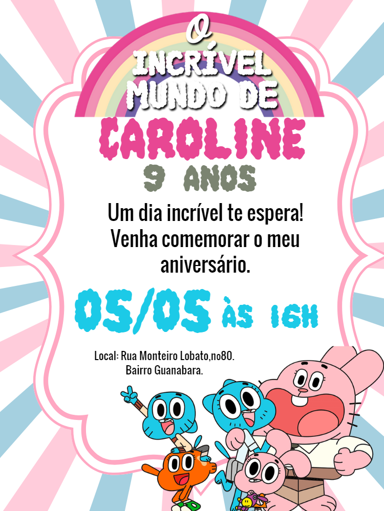 Convite de Aniversário O Incrível Mundo de Gumball para Editar Convite de Aniversário O Incrível Mundo de Gumball para Editar