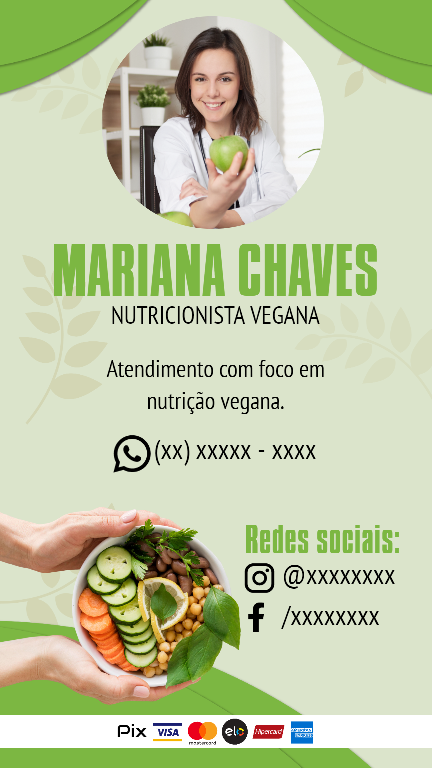 Cartão de Visita Nutricionista Vegana para Editar Online Cartão de Visita Nutricionista Vegana para Editar Online