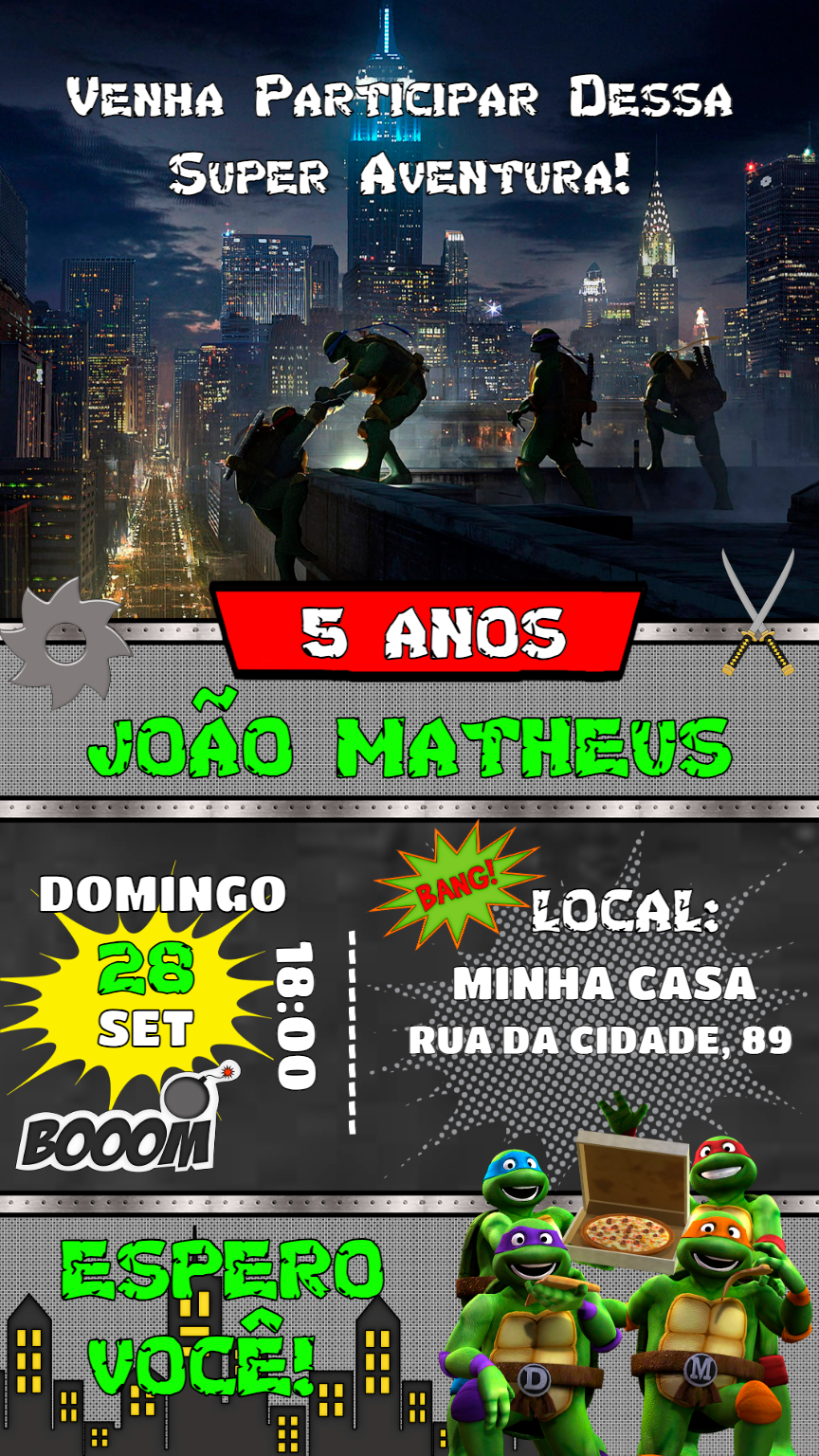Convite de Aniversário Tartarugas Ninjas para Editar Online Convite de Aniversário Tartarugas Ninjas para Editar Online