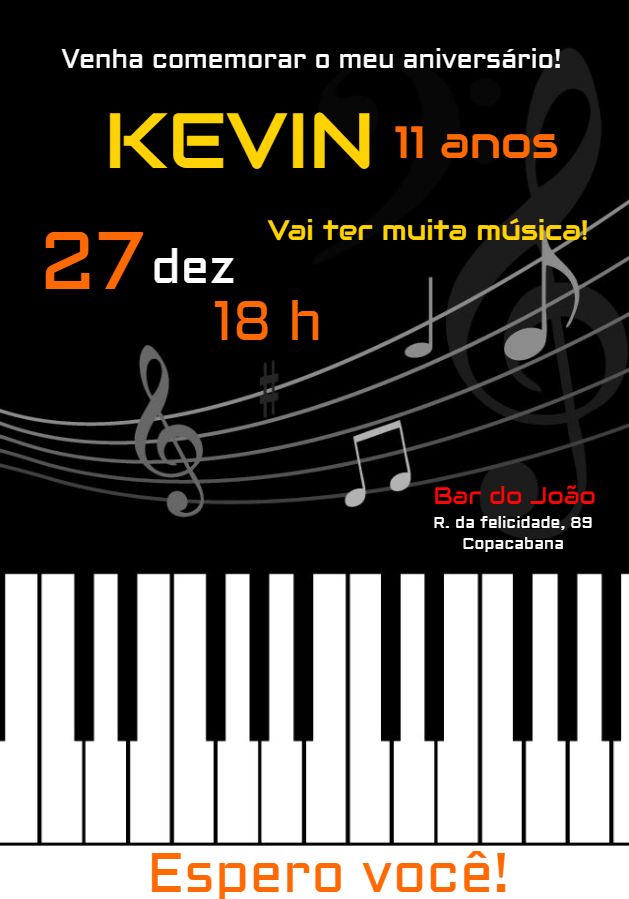 Convite de Aniversário Musical com Piano para Editar Online Convite de Aniversário Musical com Piano para Editar Online