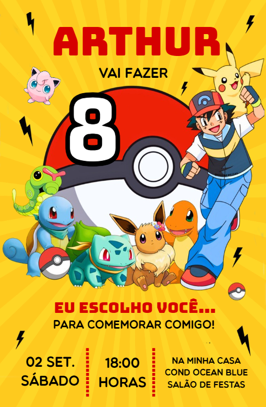Convite de Aniversário Pokémon com Personagens para Editar Online Convite de Aniversário Pokémon com Personagens para Editar Online