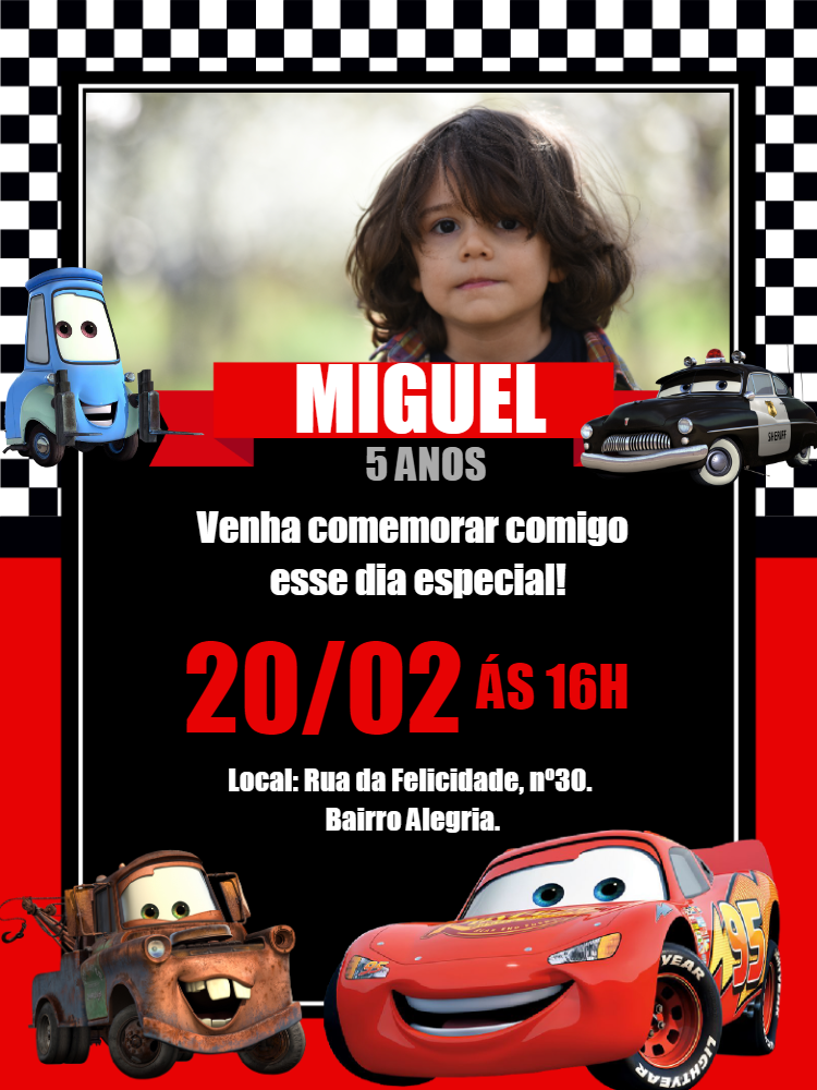 Convite Aniversário Carros com Foto para Editar Online Convite Aniversário Carros com Foto para Editar Online