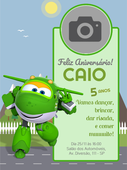 Convite de Aniversário Super Wings com Foto para Editar Online Convite de Aniversário Super Wings com Foto para Editar Online