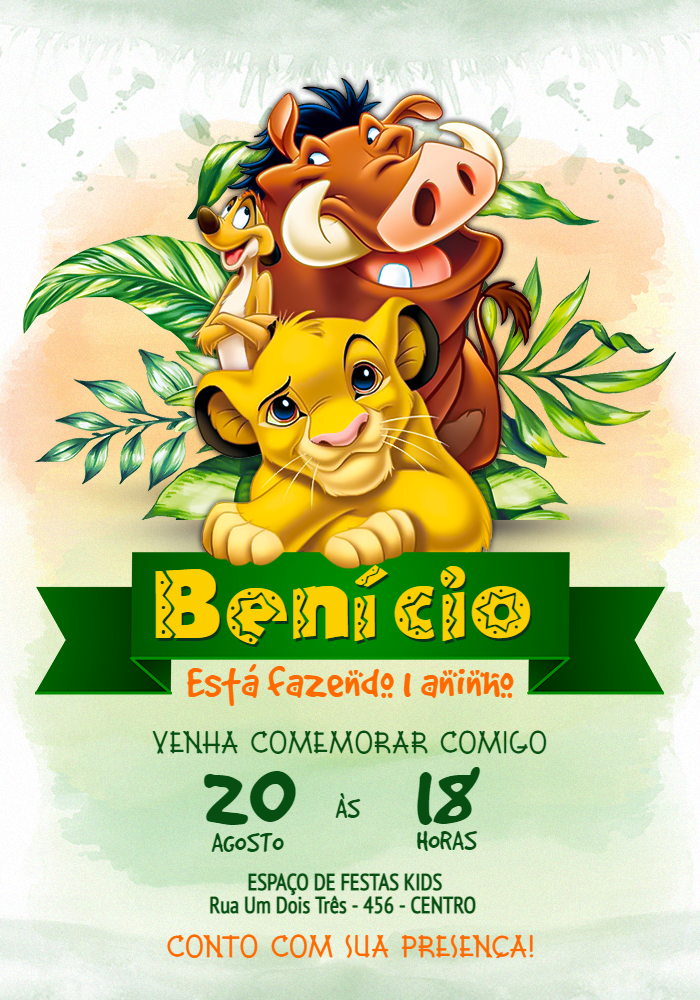 Convite de Aniversário O Rei Leão com Personagens para Editar Convite de Aniversário O Rei Leão com Personagens para Editar
