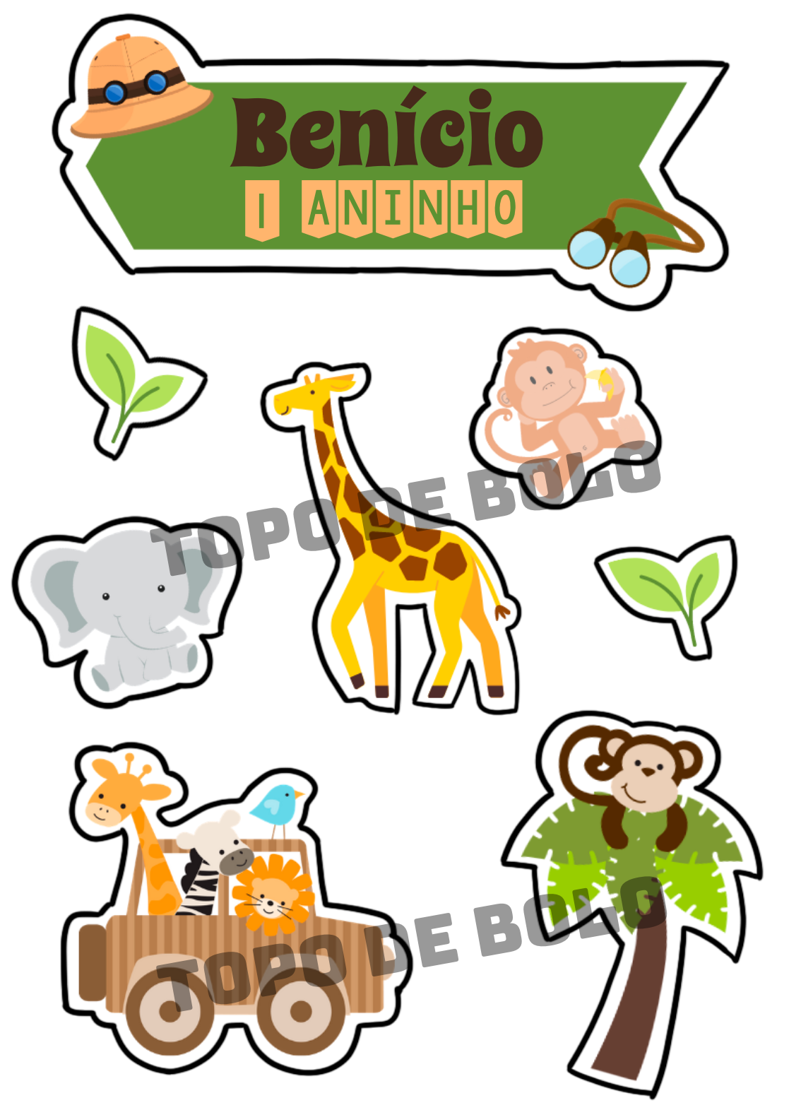 Topo de Bolo Safari com Animais para Editar e Imprimir