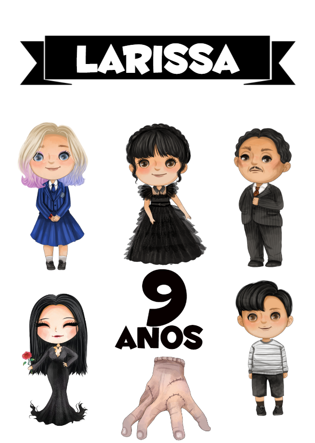 Topo de Bolo Wandinha Addams com Personagens para Editar Online Topo de Bolo Wandinha Addams com Personagens para Editar Online