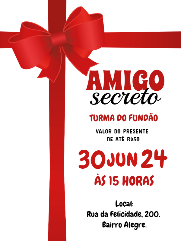 Convite Amigo Secreto com Laço Vermelho para Editar Online Convite Amigo Secreto com Laço Vermelho para Editar Online