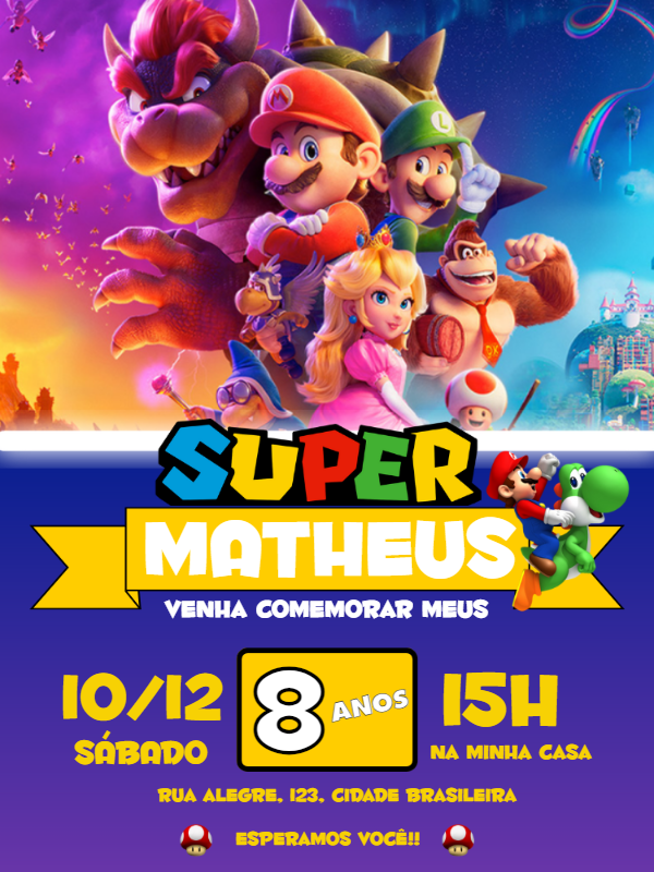 Convite Aniversário Super Mario Bros Filme para Editar Online Convite Aniversário Super Mario Bros Filme para Editar Online