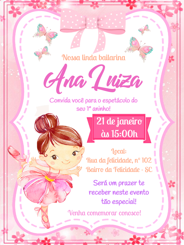 Convite de Aniversário Bailarina Delicado para Editar Online Convite de Aniversário Bailarina Delicado para Editar Online