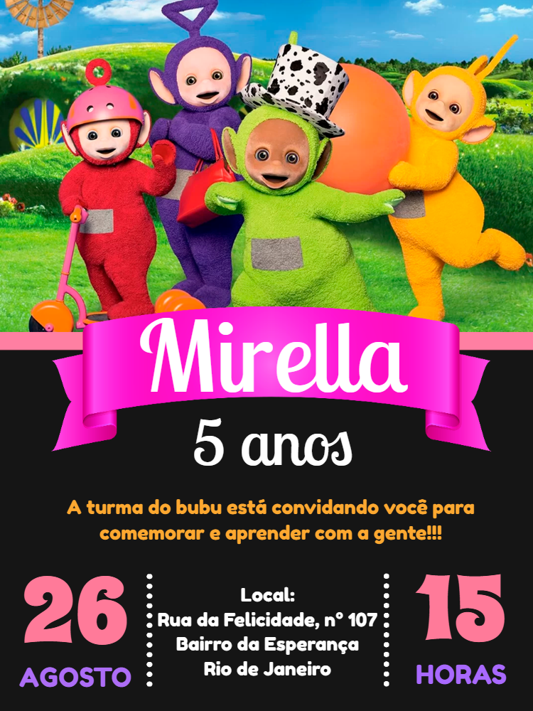 Convite de Aniversário Teletubbies para Editar e Imprimir
