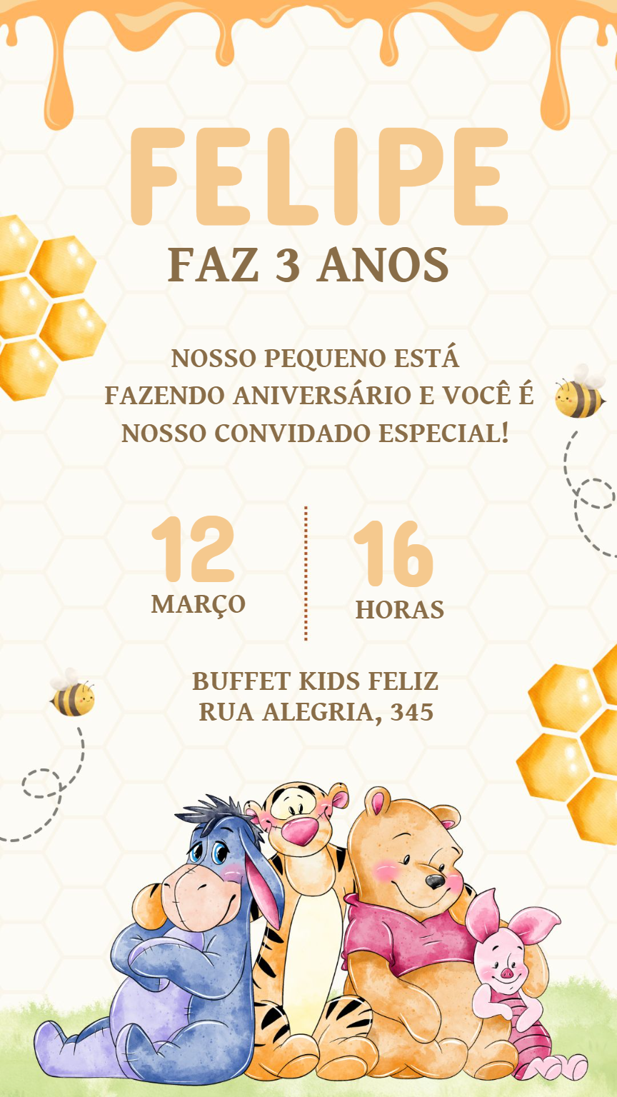 Convite de Aniversário Ursinho Pooh Aquarela para Editar Convite de Aniversário Ursinho Pooh Aquarela para Editar