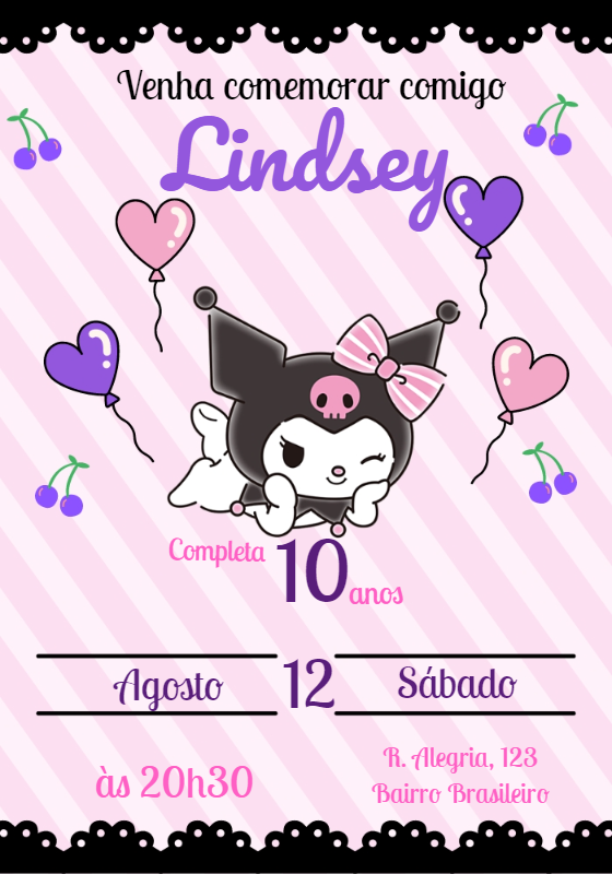 Convite de Aniversário Kuromi para Editar Online Convite de Aniversário Kuromi para Editar Online