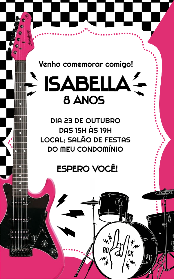 Convite Aniversário Rock Star Menina com Guitarra para Editar Convite Aniversário Rock Star Menina com Guitarra para Editar