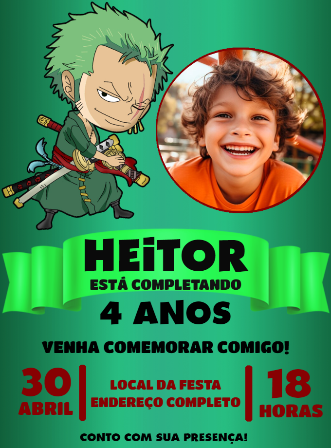 Convite Aniversário Zoro One Piece com Foto para Editar Online Convite Aniversário Zoro One Piece com Foto para Editar Online