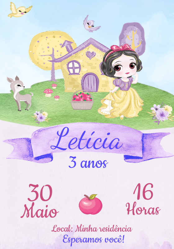 Convite Aniversário Branca de Neve Aquarela para Editar Online Convite Aniversário Branca de Neve Aquarela para Editar Online