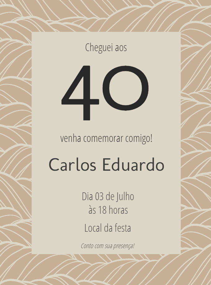 Convite de Aniversário 40 Anos Masculino Elegante para Editar Convite de Aniversário 40 Anos Masculino Elegante para Editar