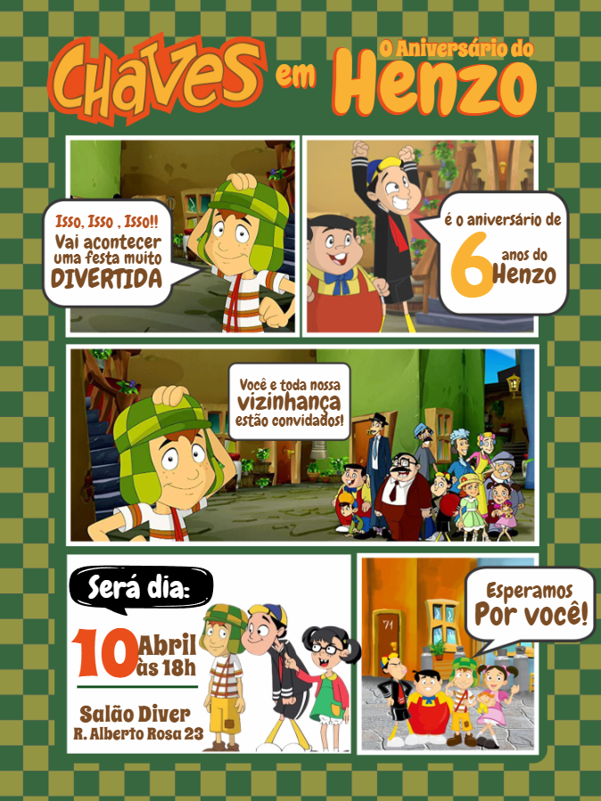 Convite de Aniversário Chaves em Quadrinhos para Editar Convite de Aniversário Chaves em Quadrinhos para Editar