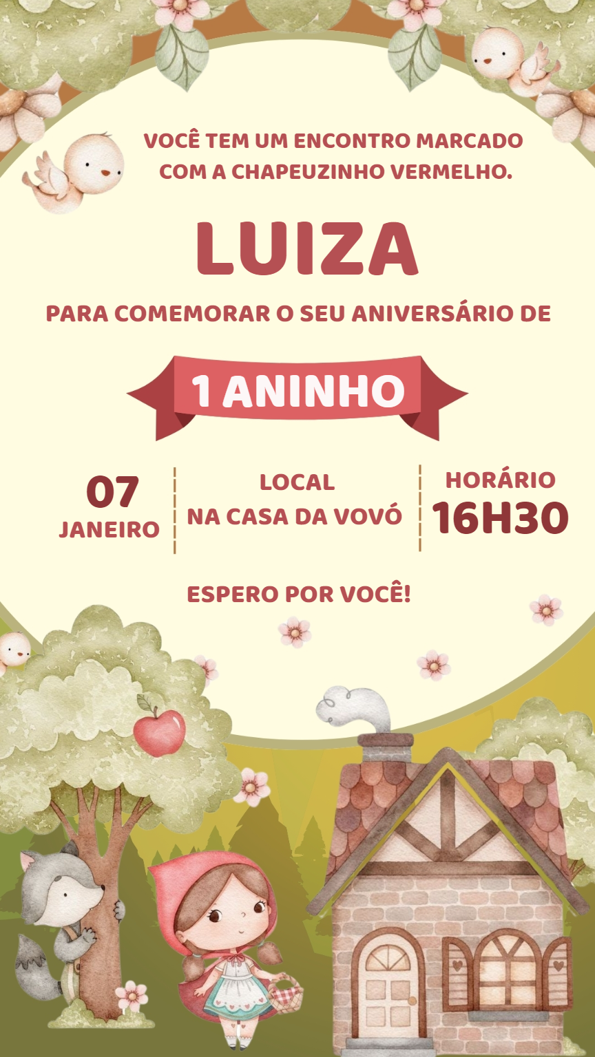 Convite Aniversário Chapeuzinho Vermelho Fofo para Editar Online Convite Aniversário Chapeuzinho Vermelho Fofo para Editar Online