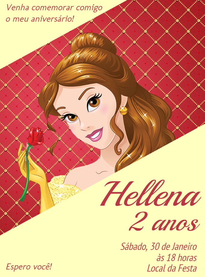 Convite Aniversário Princesa Bela Disney para Editar Online