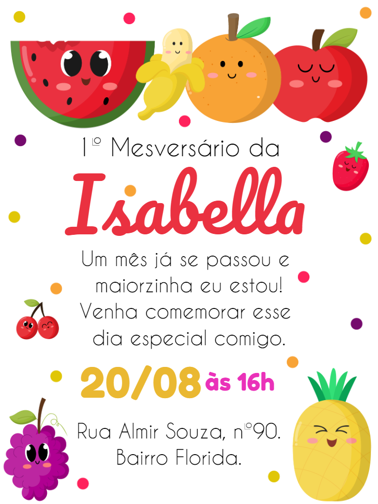 Convite Mesversário Frutinhas Fofas para Editar Online Convite Mesversário Frutinhas Fofas para Editar Online