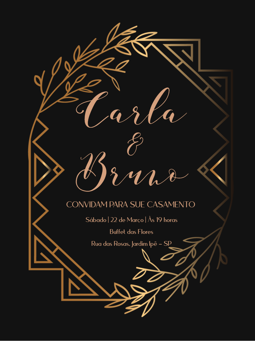 Convite de Casamento Art Deco com Ramos Dourados para Editar Convite de Casamento Art Deco com Ramos Dourados para Editar