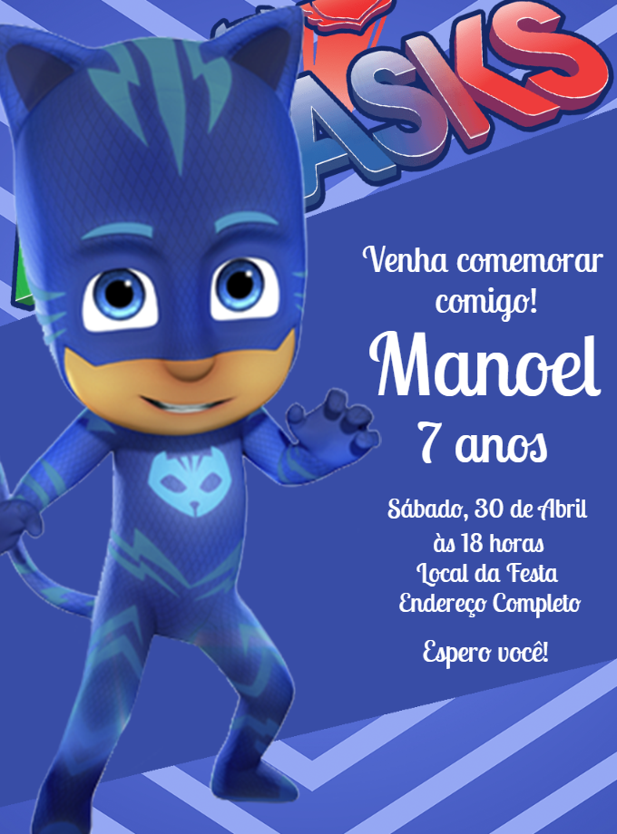 Convite Aniversário PJ Masks do Menino Gato para Editar Convite Aniversário PJ Masks do Menino Gato para Editar