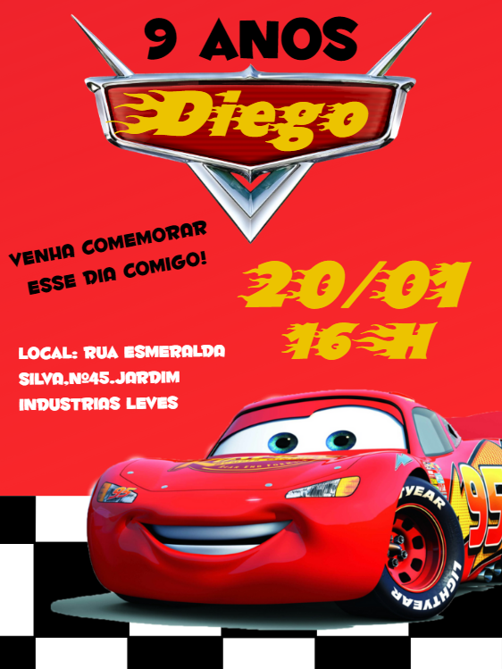 Convite de Aniversário Carros com Personagens para Editar Online Convite de Aniversário Carros com Personagens para Editar Online