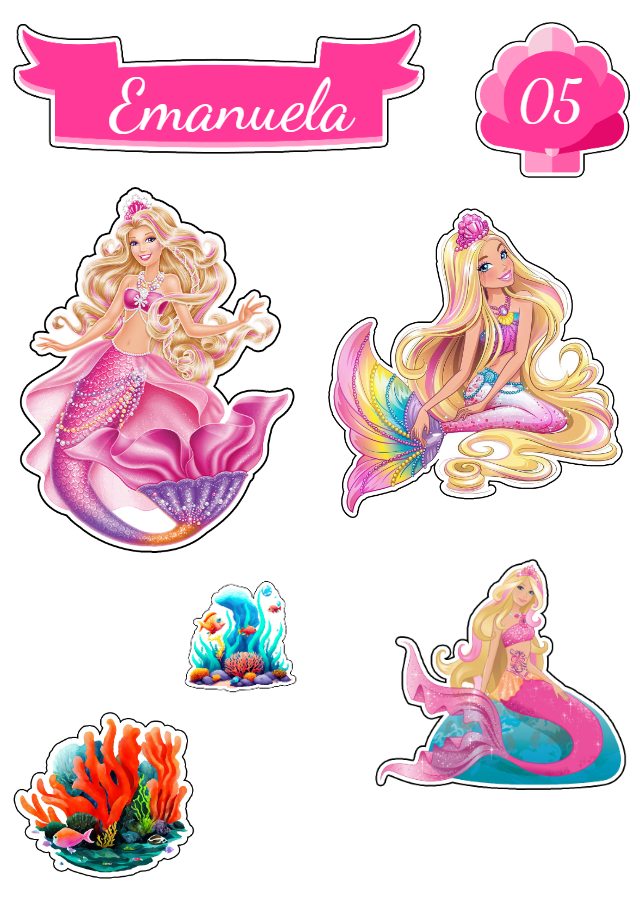 Topo de Bolo Barbie Sereia Editável para Festa de Aniversário Topo de Bolo Barbie Sereia Editável para Festa de Aniversário