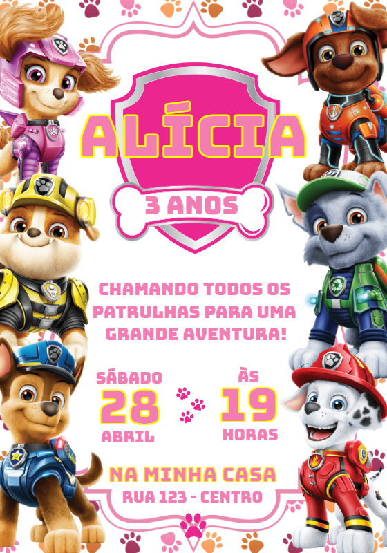 Convite Aniversário Patrulha Canina com Personagens para Editar Convite Aniversário Patrulha Canina com Personagens para Editar