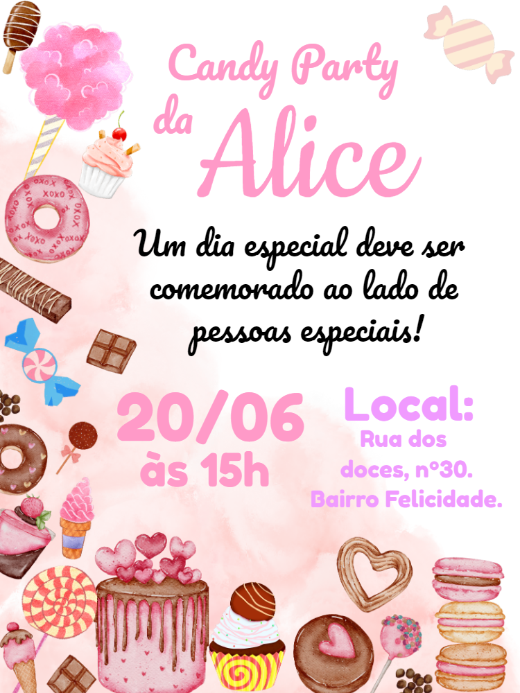 Convite de Aniversário Doces e Guloseimas para Editar Online Convite de Aniversário Doces e Guloseimas para Editar Online