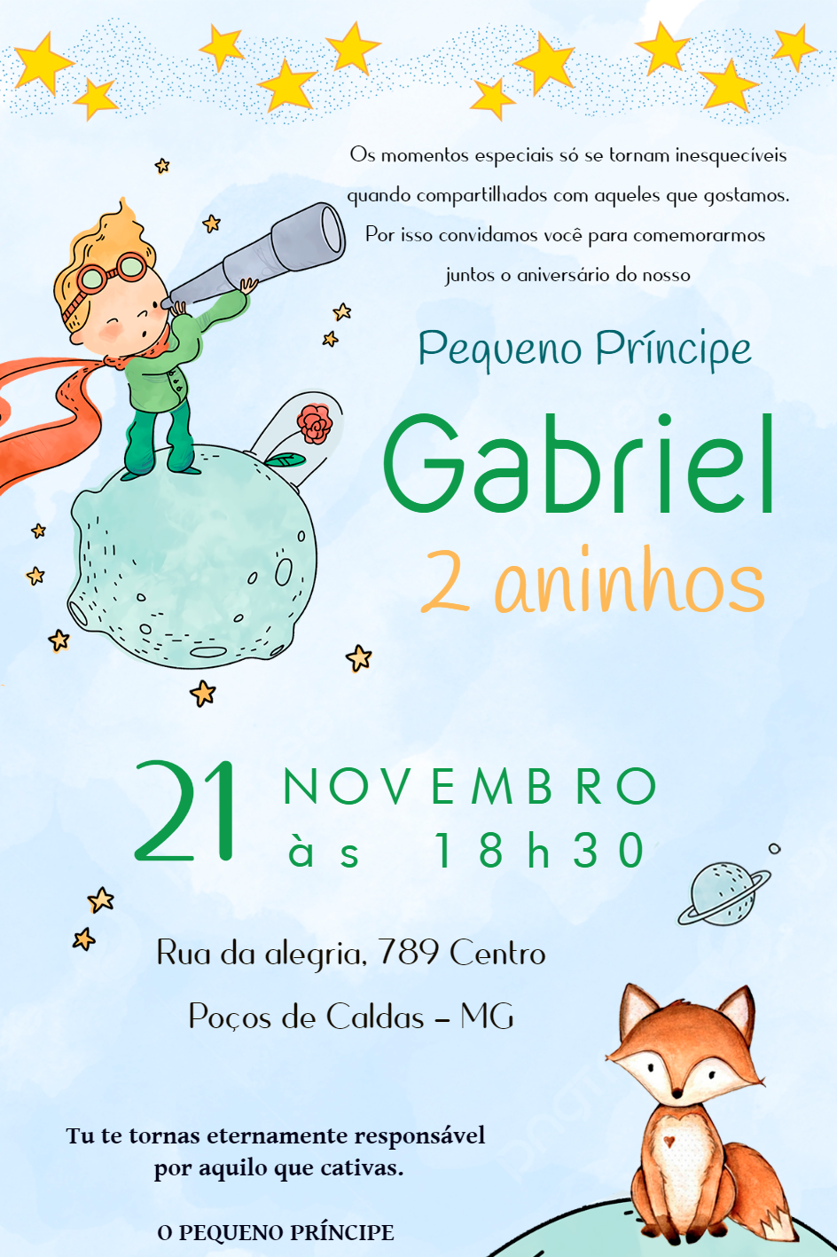 Convite de Aniversário O Pequeno Príncipe para Editar Online Convite de Aniversário O Pequeno Príncipe para Editar Online