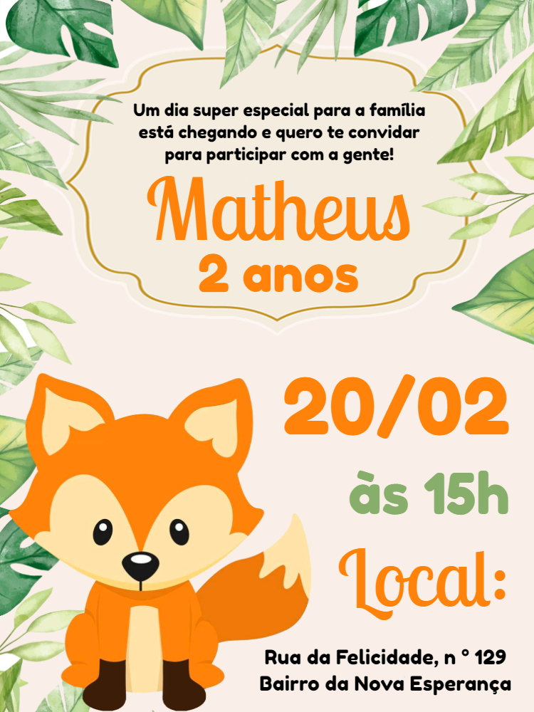 Convite Aniversário Raposa do Bosque para Editar Online Convite Aniversário Raposa do Bosque para Editar Online