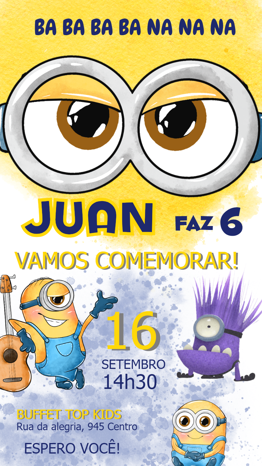Convite Aniversário Minions Aquarela para Editar Online Convite Aniversário Minions Aquarela para Editar Online