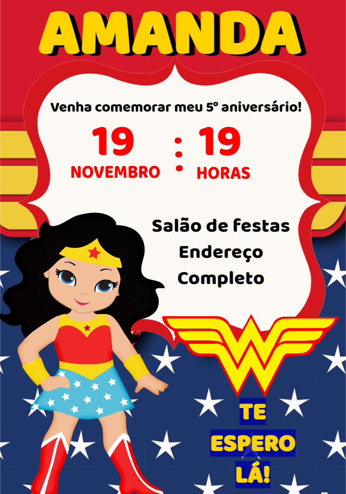 Convite de Aniversário Mulher Maravilha Cute para Editar Online Convite de Aniversário Mulher Maravilha Cute para Editar Online