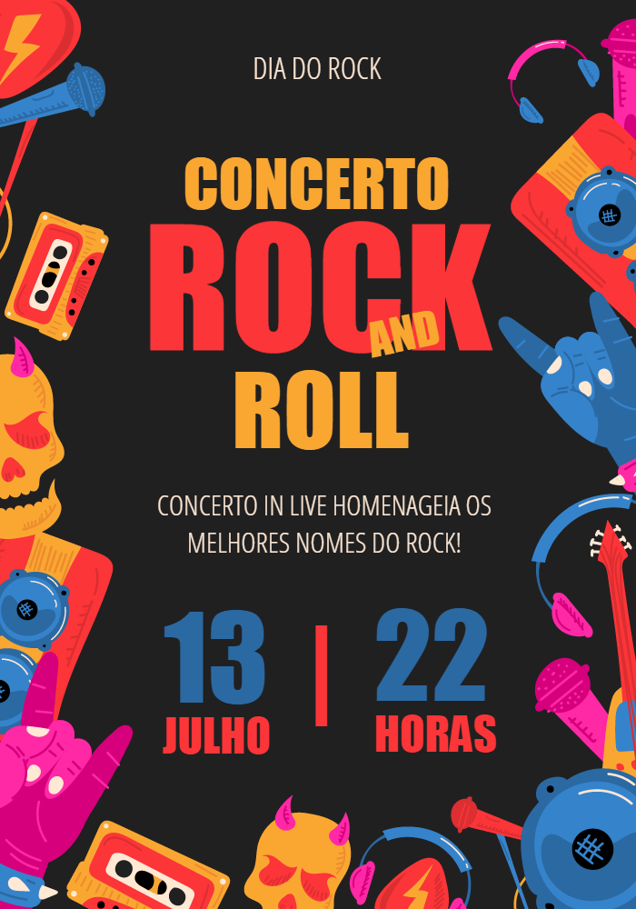 Convite Festa Rock and Roll com Caveiras e Guitarras para Editar Convite Festa Rock and Roll com Caveiras e Guitarras para Editar