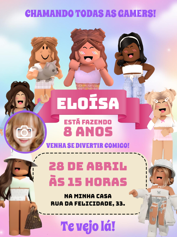 Convite de Aniversário Roblox Girl com Foto para Editar Online Convite de Aniversário Roblox Girl com Foto para Editar Online