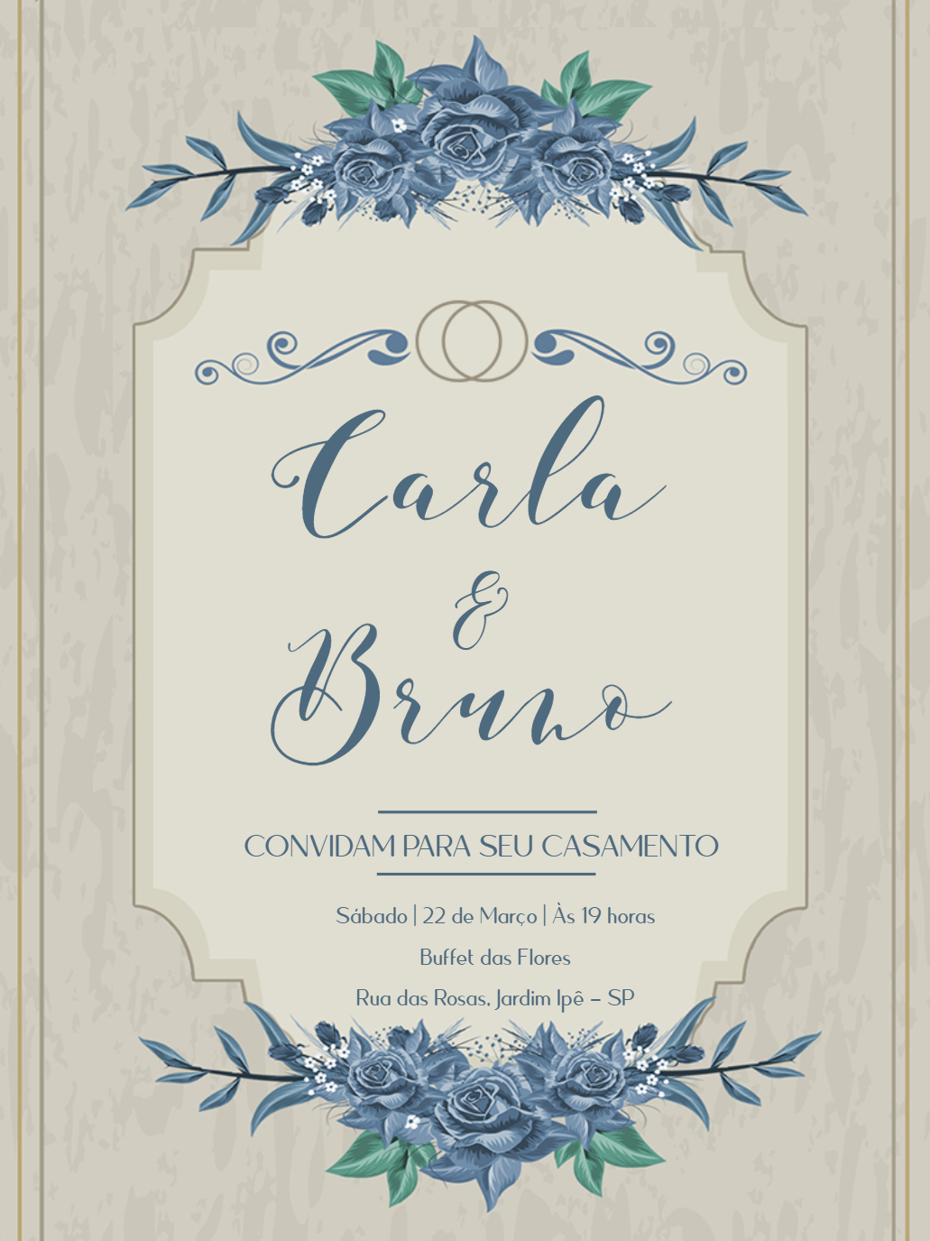 Convite de Casamento Floral Azul Elegante para Editar Online