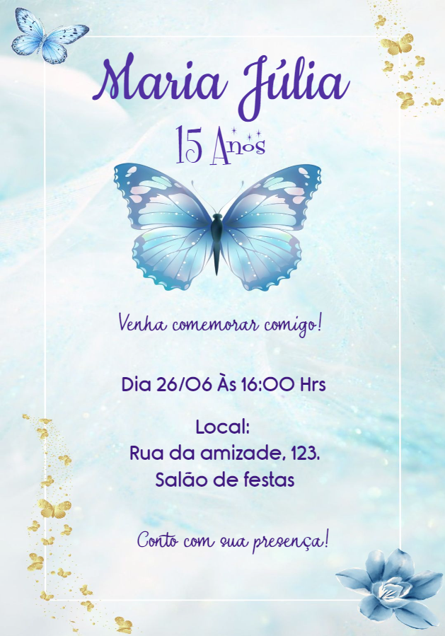 Convite de 15 Anos Borboleta Azul para Editar Online Convite de 15 Anos Borboleta Azul para Editar Online