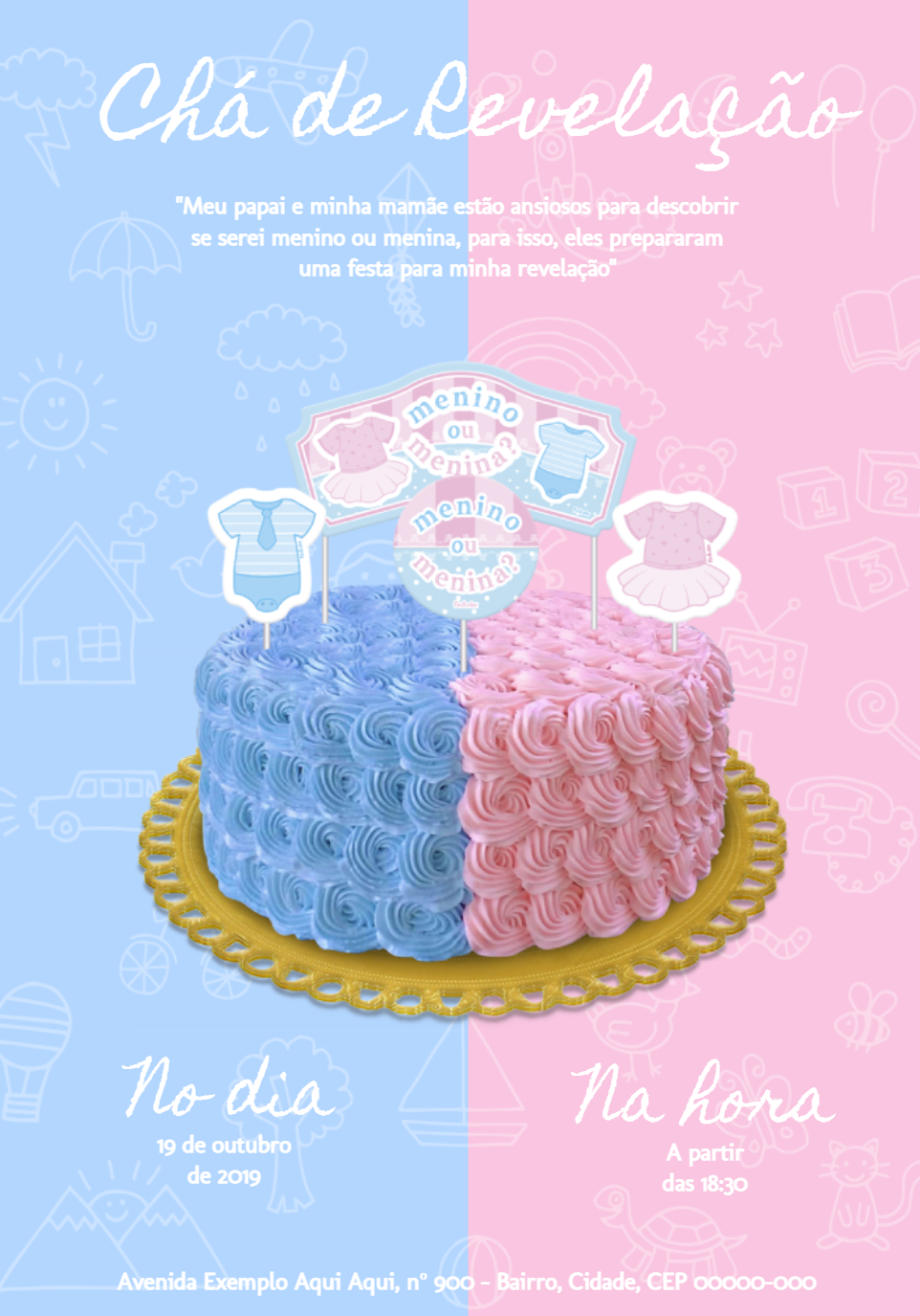 Convite Chá Revelação Bolo Azul e Rosa para Editar Online Convite Chá Revelação Bolo Azul e Rosa para Editar Online
