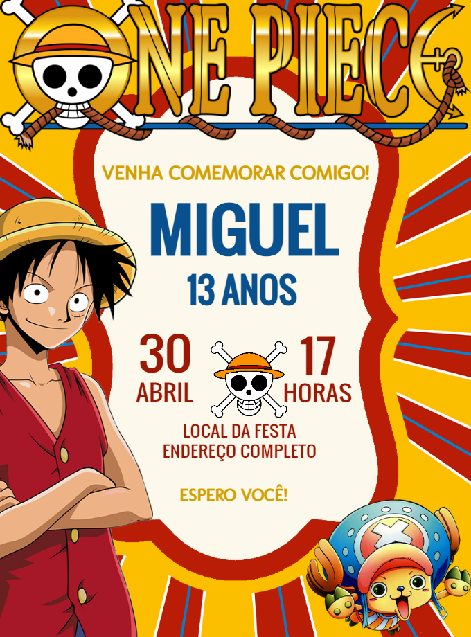 Convite de Aniversário One Piece com Personagens para Editar Convite de Aniversário One Piece com Personagens para Editar