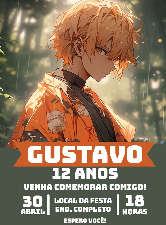 Convite Aniversário Anime Zenitsu para Editar Online Convite Aniversário Anime Zenitsu para Editar Online