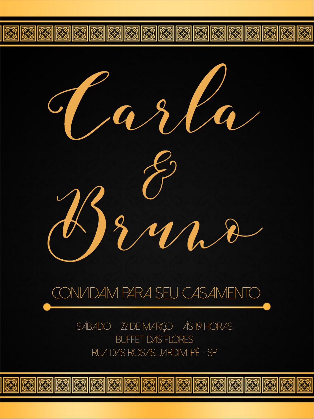 Convite de Casamento Elegante Preto e Dourado para Editar Online Convite de Casamento Elegante Preto e Dourado para Editar Online