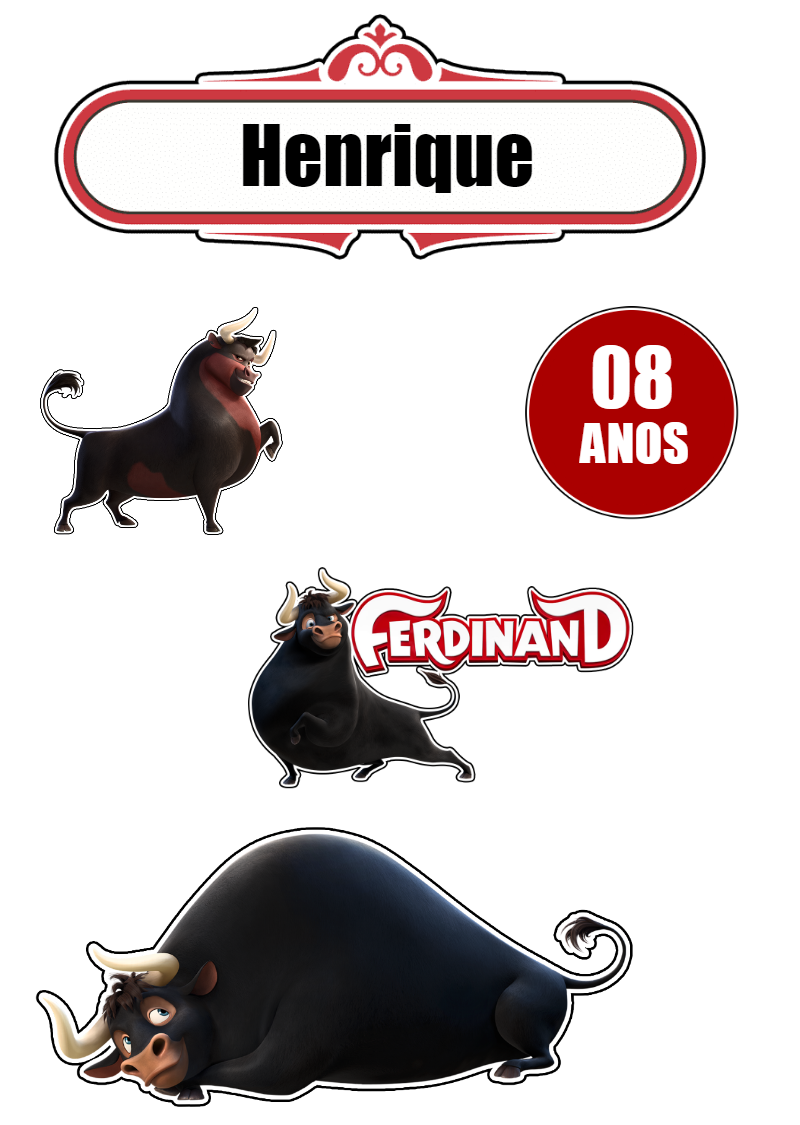Topo de Bolo Touro Ferdinando Editável para Imprimir Topo de Bolo Touro Ferdinando Editável para Imprimir