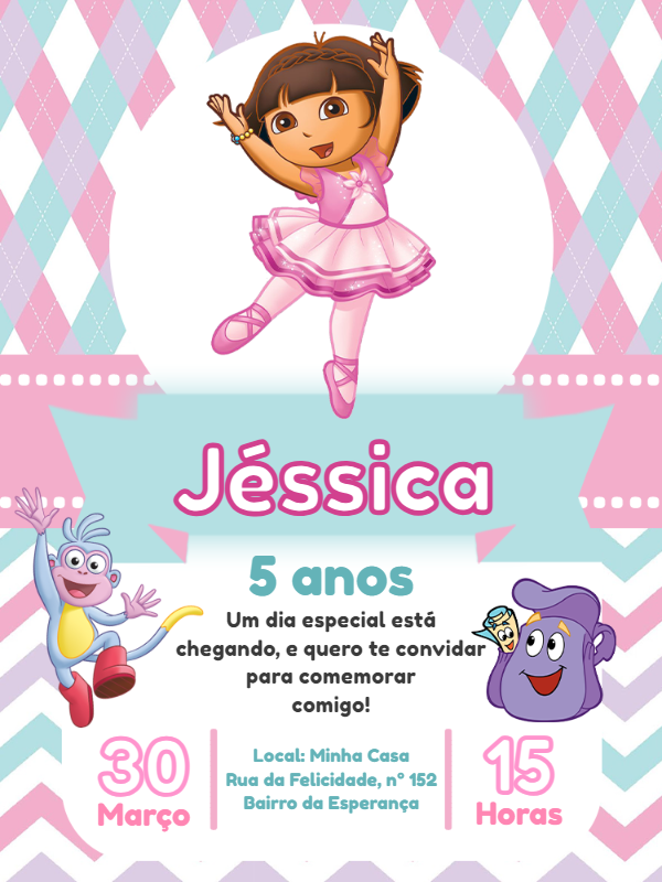 Convite de Aniversário Dora Bailarina para Editar Online Convite de Aniversário Dora Bailarina para Editar Online