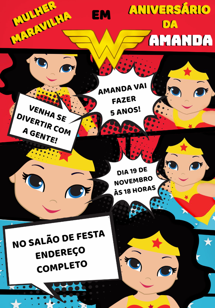 Convite Aniversário Mulher Maravilha Cute para Editar Online Convite Aniversário Mulher Maravilha Cute para Editar Online