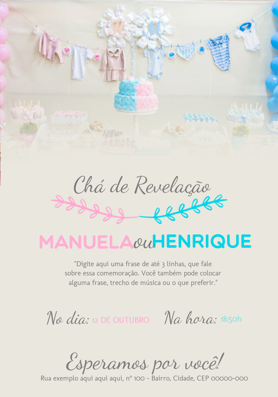 Convite Chá Revelação Varal de Roupinhas para Editar Online