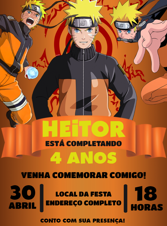 Convite de Aniversário Naruto para Editar e Imprimir Online Convite de Aniversário Naruto para Editar e Imprimir Online