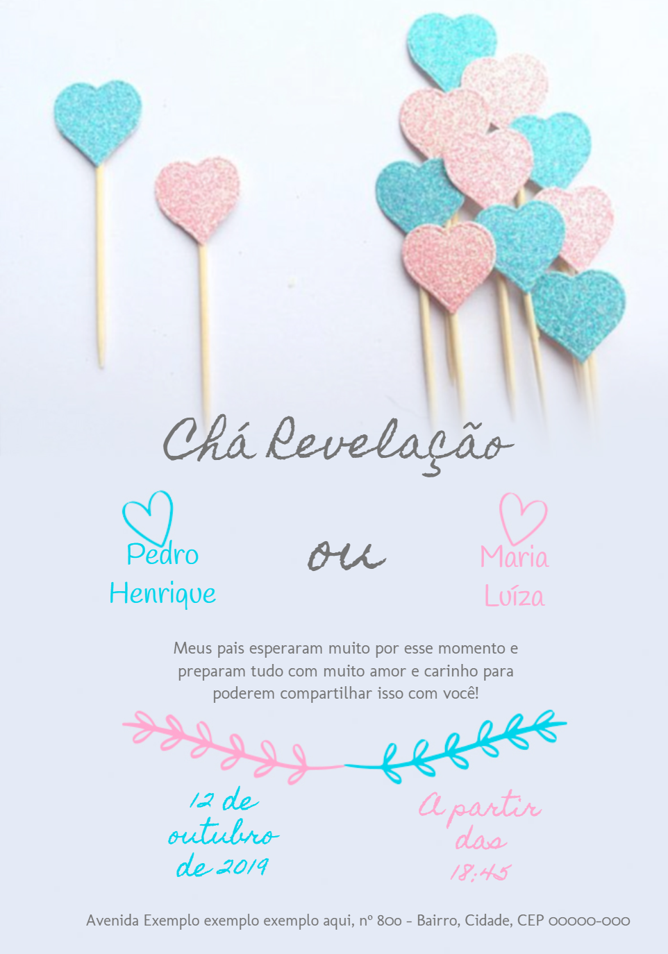 Convite Chá Revelação Corações de Glitter para Editar Online Convite Chá Revelação Corações de Glitter para Editar Online